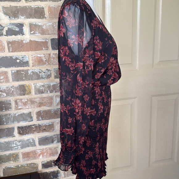 Cupshe Floral Print Long Peasant Sleeve Dress Black & Red Smocked Skirt New - Picture 3 of 12